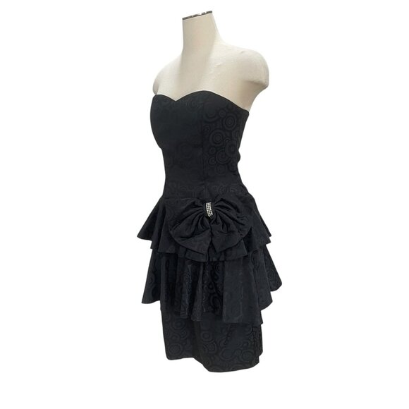 Vintage Pantagis Strapless Black Ruffle Dress Bow Detail Cocktail 80s Glam - Picture 7 of 11